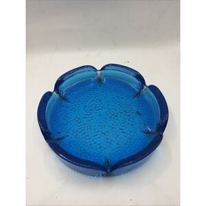 Vintage Cobalt Blue Glass Ashtray Lotus Petal Pebbled Base Anchor Hocking Blenko